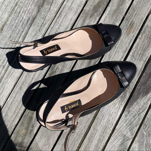 🖤 TANCA BLACK LEATHER BOW DETAIL ROUND TOE OPEN HEEL CLASSIC HEELS! - Picture 2 of 16